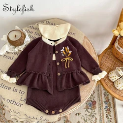 Spring and Autumn New Baby Girl Wheat Ear Embroidery Spliced Bottom Knitted Long sleeved Coat+Contrast Knitted Sweetheart