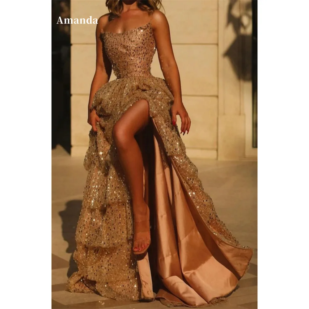 

Amanda Customized Shiny A-Line Sleeveless SexyProm Dress Multilayer Pleats ide High Split vestidos de noche Floor-Length Formal