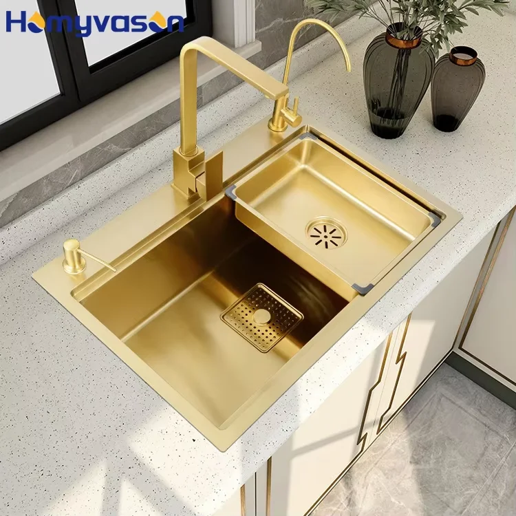 

60/68/75/80*46cm Luxurious Modern Golden Kitchen Sink and Tap Manufacturing Higold Royal Stainless Steel Sink