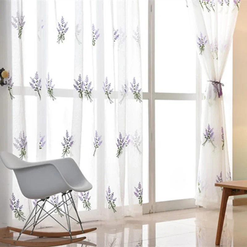 French Pastoral Curtains Purple Lavender Embroidery Tulle For Living Room Bedroom Pink Flower Curtain For Kitchen Home Decor