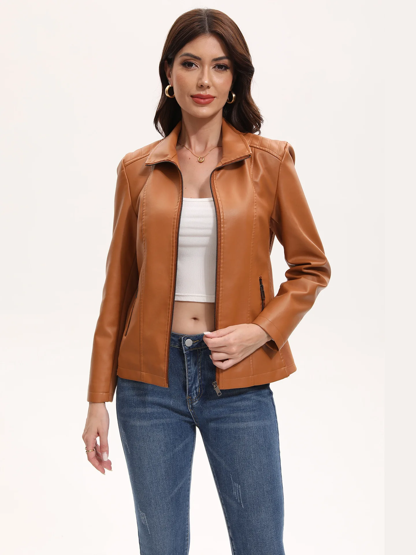 Fashion Women's Short Leather Jacket 2025 Knitted Patchwork Stretch Coat European Size New Arrival