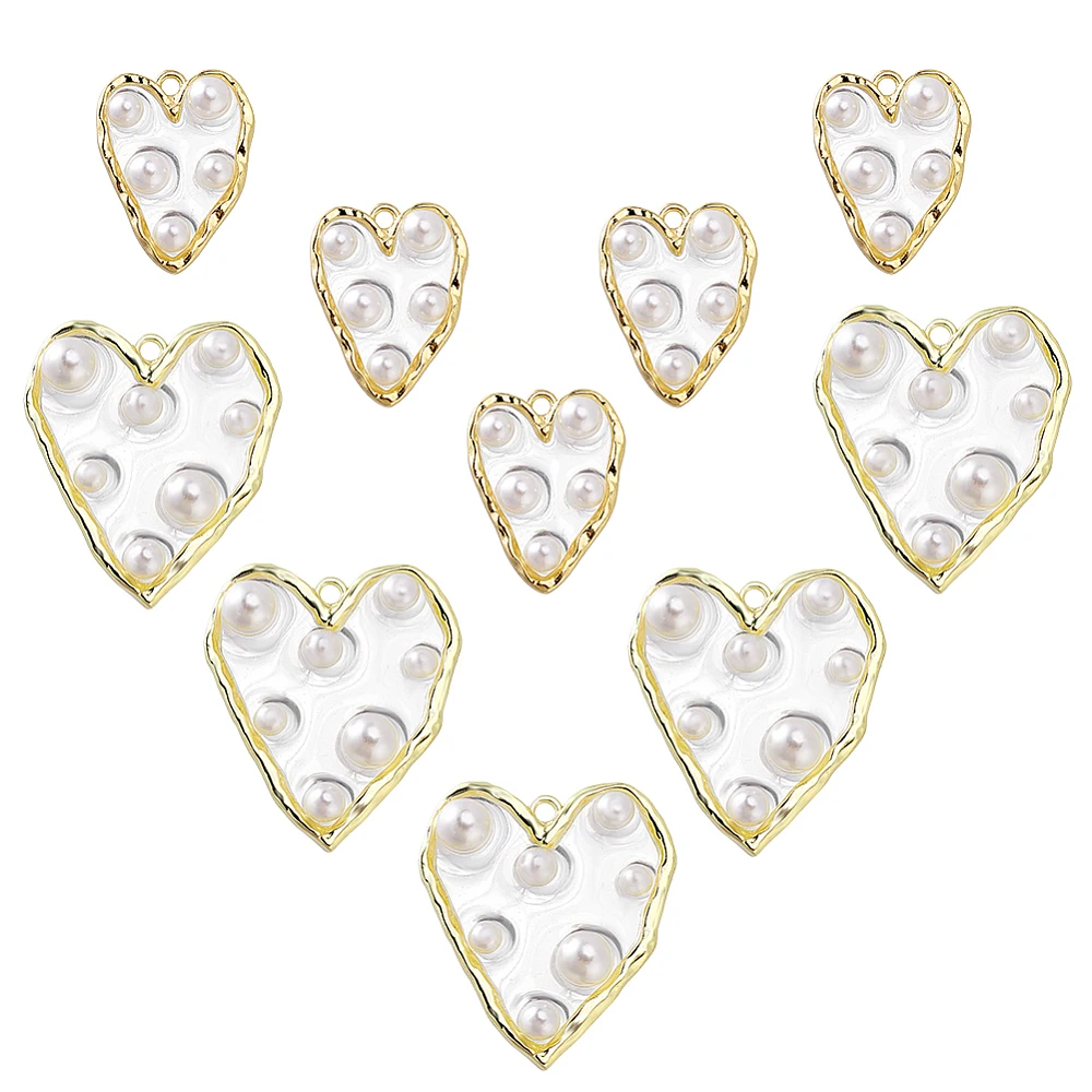 10Pcs Gold Filled Clear Enamel Heart Pearl Charms Light Gold Edge Plated Pendants Pearl Love Embellishments for Jewellery Making