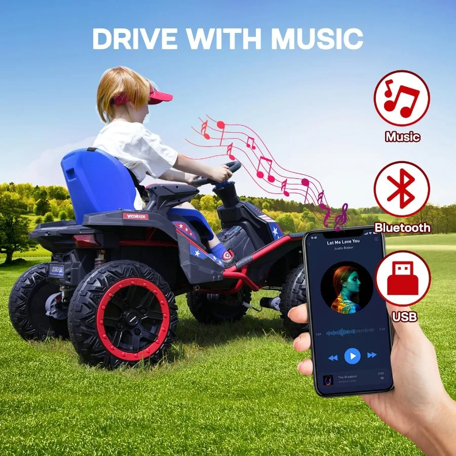 รถของเล่นไฟฟ้า 24V สำหรับเด็กโต รถแข่งกลางแจ้งพร้อมมอเตอร์ทรงพลัง 4 ตัว รวม 300W ลำโพงบลูทูธ และแบตเตอรี่ 24V 7AH ขนาดใหญ่