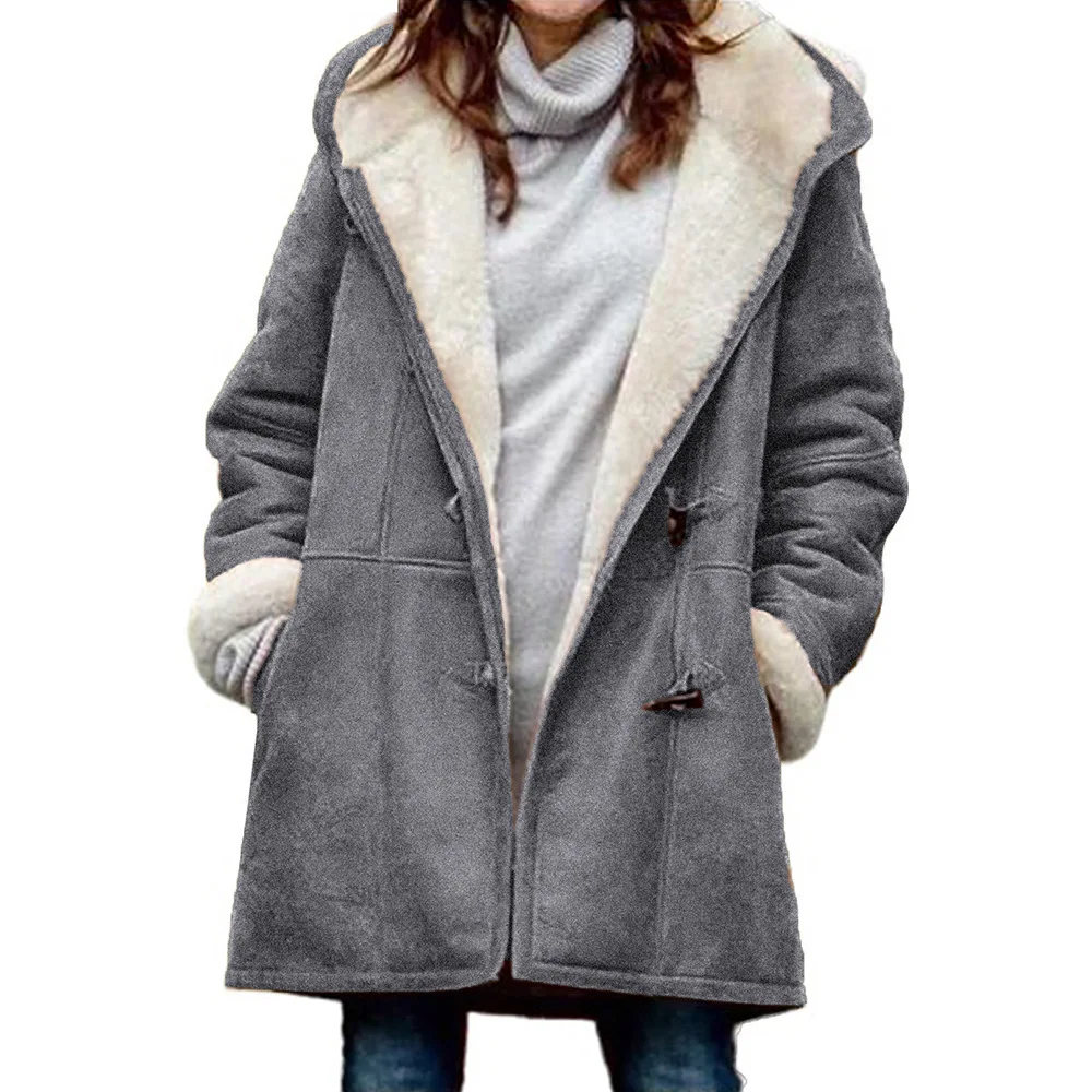 Cappotto da donna autunno inverno a maniche lunghe con fibbia in corno giacca calda in pile da donna con cappuccio