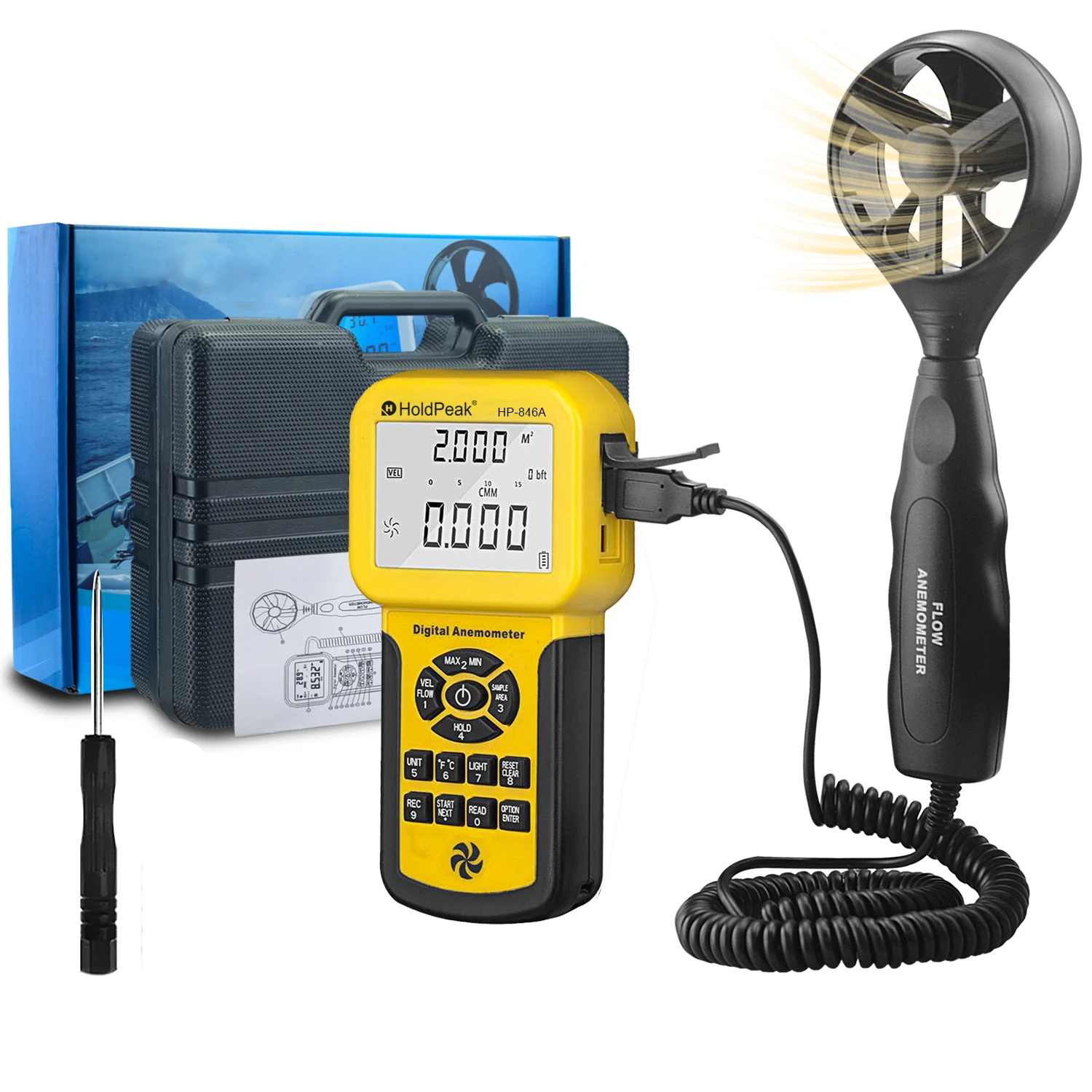 

BT-846A HVAC Anemometer Handheld, CFM Airflow Wind Speed Meter 100MPH, Air Flow Velocity Meter Tester Gauge with Temperature