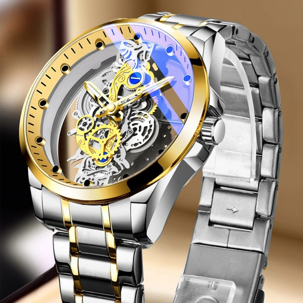 Luxury Men Skeleton Automatic Non Mechanical Watch Gold Orologio Tourbillon Male Quartz Clock Relogio Masculino часы мужские