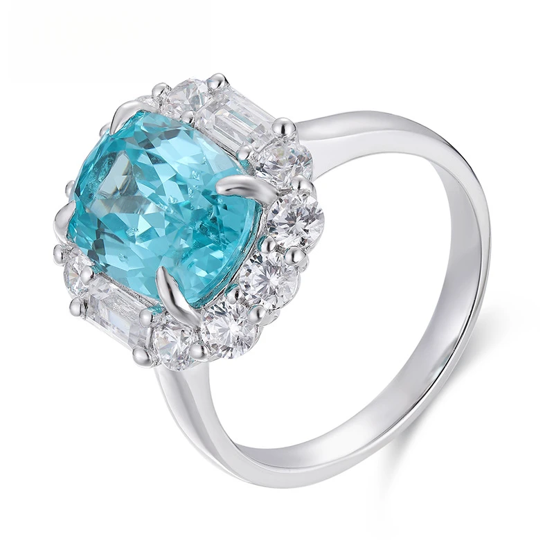 Luxury Design Long Cushion Cut Lab Grown Paraiba Blue Color 5.9CT Big Size Lab Gemstone Silver Ring For Gift