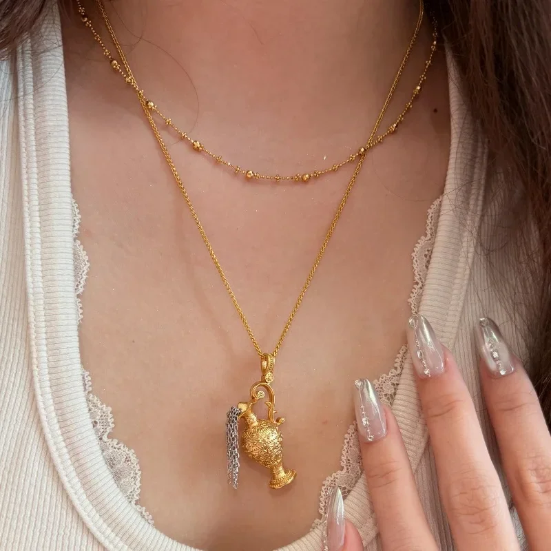 Light luxury retro chains wine pot tassel necklace stereoscopic design fashion art exquisite collar chain wedding jewelry gift