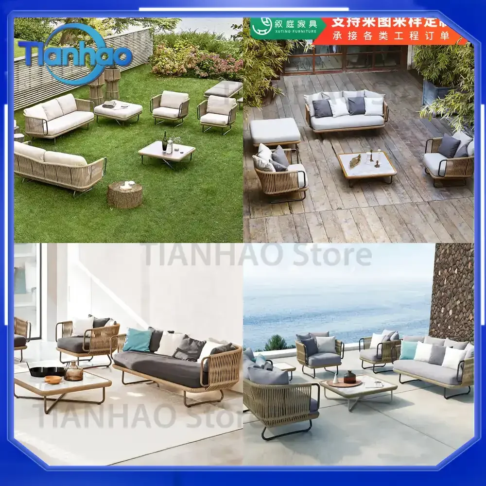 Outdoor Sofa Set for Patio Garden Balcony Minimalist Rattan Small Coffee Table with Chairs for Hotel Outdoor Leisure