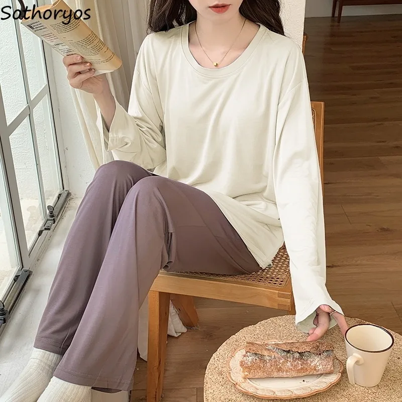 

Pajama Sets Women Spring Autumn Young Solid Outfits Korean Fashion Sleepwear Trendy Simple O-neck Classic Popular Long Sleeve