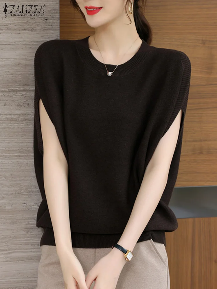 

ZANZEA O Neck Casual Loose T-shirts Women Elegant Commute Knitted Blouses Bat Sleeve Stylish Solid Color Korean Fashion Tops