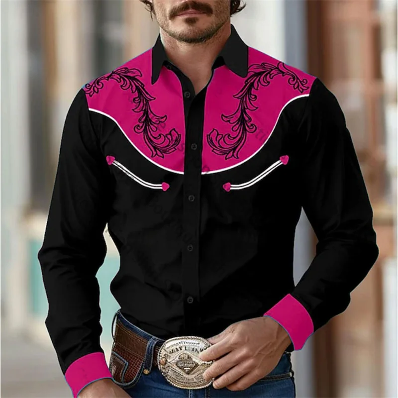 2024 Floral Retro Western Men\'s Shirt Outdoor Street Casual Daily Spring Summer Lapel Long Sleeve Black S-5XL Stretch Fabric