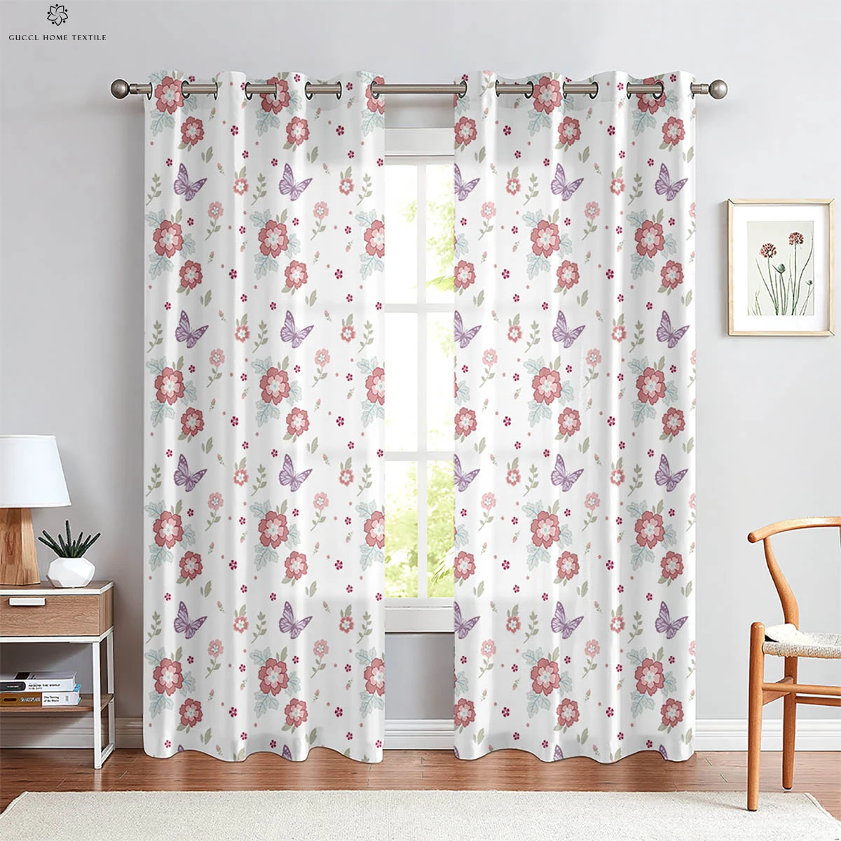 

Pastoral Style Floral Butterfly Print Curtains Living Room Bedroom Study Kitchen Decorative Curtains Machine Washable 2pcs