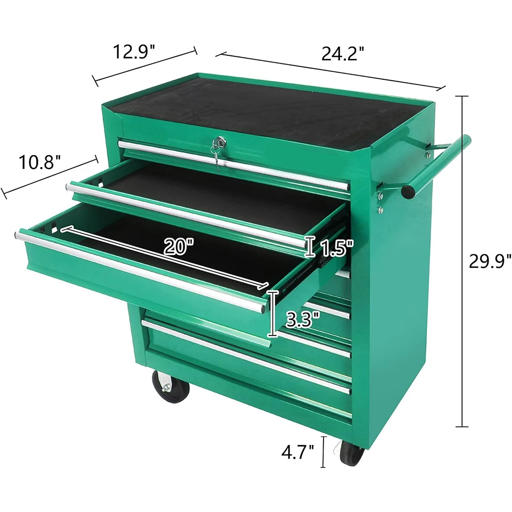 Green 7-Drawer Mechanic Tool Cabinet Trolley With Wheels For Workshop&Personal Studio