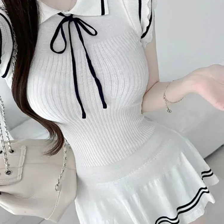 

Korean Sle Pure Desire Women's Knitted ort Dr Waist Cinched Collar Belted A-Line Skirt Suiting Commute Wear