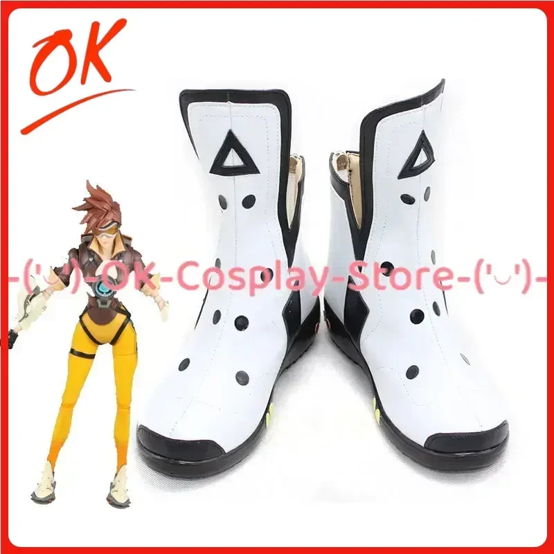 [Customized Size] Overwatch Tracer Lena Oxton Cosplay Shoes Game Roleplay Costume Prop Halloween Carnival Party Boots PU Leather