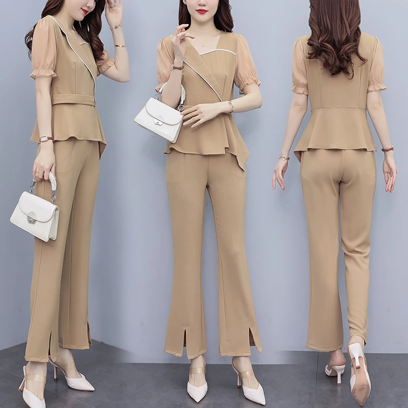 Korean Fashion Oversize Women Sets For Summer 2024 New Irregular Top & Wide Leg Pants 2 Pieces Office Lady Outfits Pantsuits