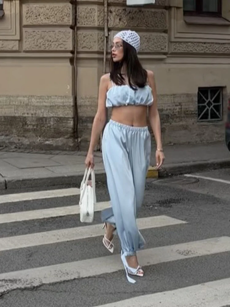 Plissierte kurze Tube-Tops, Hosenanzüge für Damen, sexy Spaghettiträger, ärmelloses, kurzes Top, elastische Taille, Schnürhose, neue Outfits – Detail 27