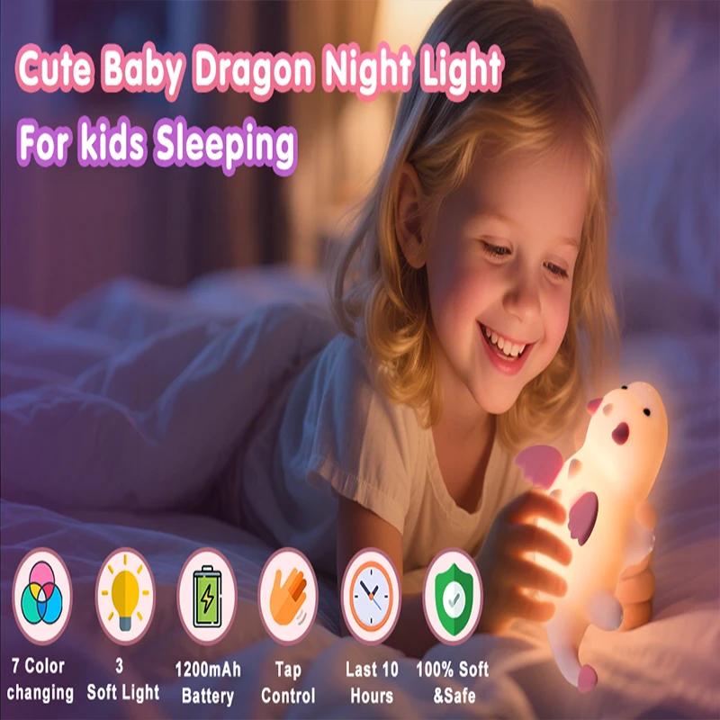 Cute Baby Dragon Kids Night Light, Soft Silicone Lamp Rechargeable Breastfeeding Nursery Portable Kawaii Lamps,Bedside Lamp