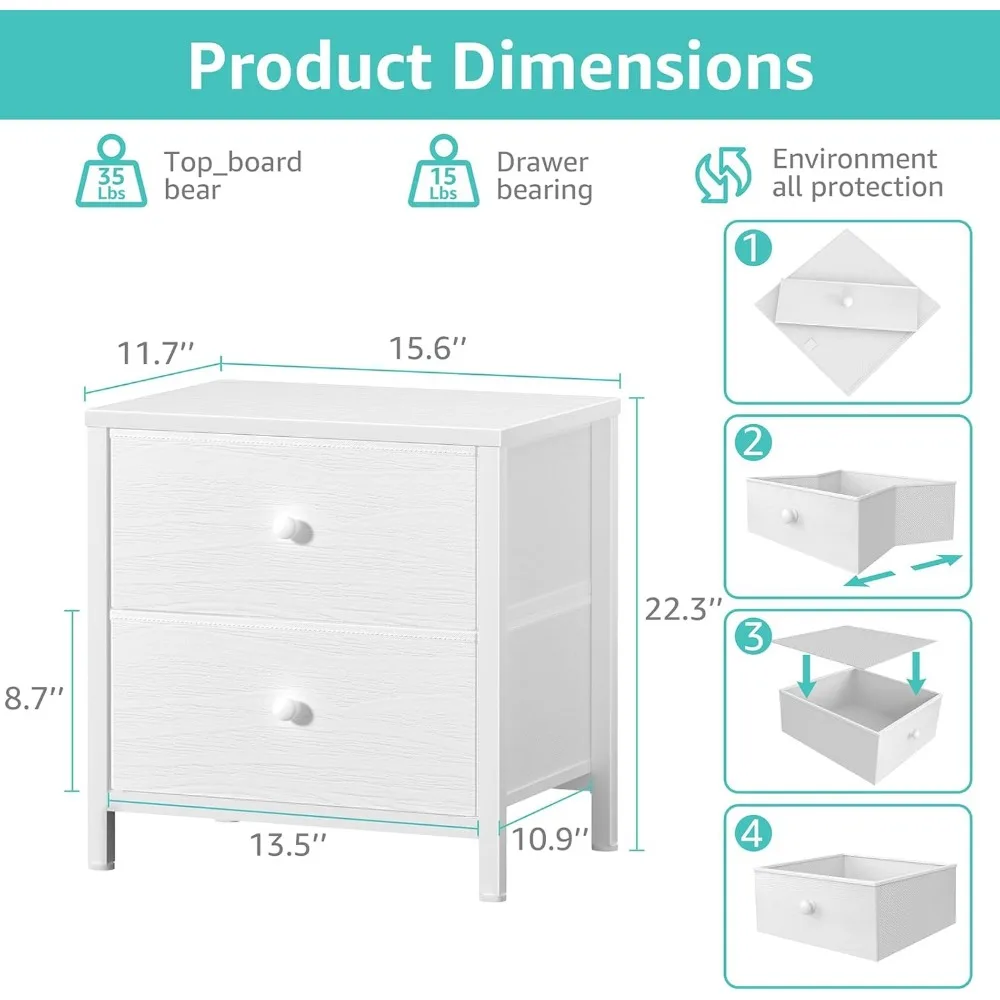Table de chevet blanche pour chambre à coucher, petite table de nuit avec 2 tiroirs en tissu, table de chevet moderne pour dortoir