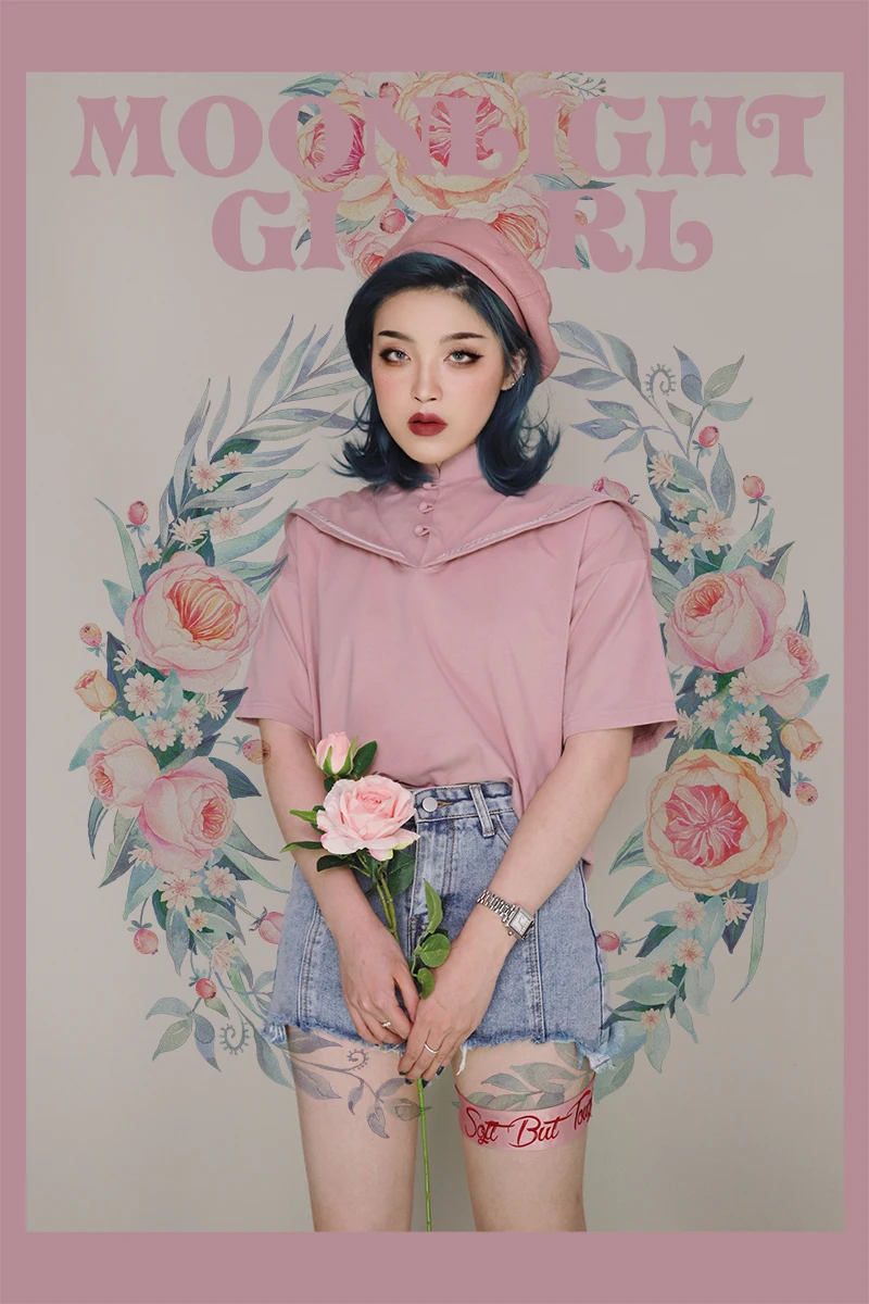 

Loose ort Sve T-irt Original Design Moon Girl Navy Collar Button Detail Fake Two-Piece Sle Cotton Blend Comfortable Fit