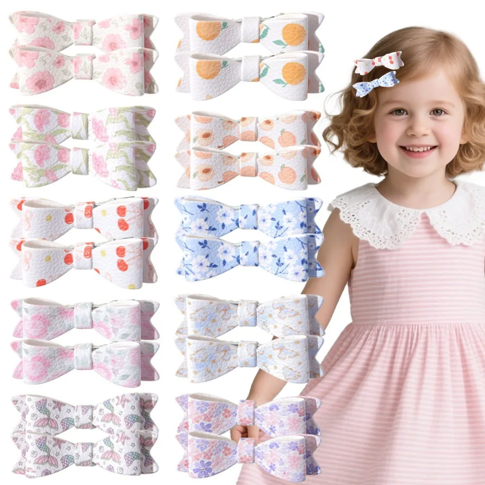 

120pc PU Leather Bow Hair Clips 2.2 Inch Mermaid Floral Fruit Printed Barrettes Hairpins for Kid Girls Bulk Kid Hair Accessories
