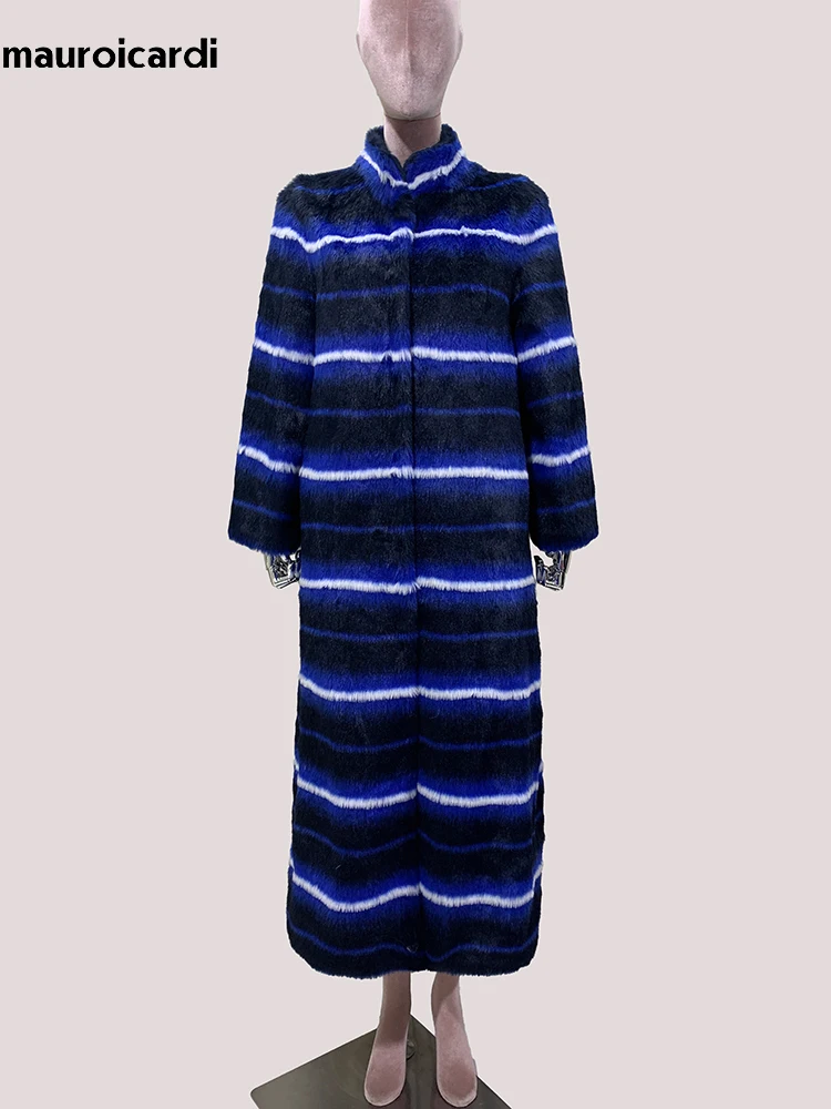 

Mauroicardi Winter Extra Long Colorful Striped Warm Faux Mink Fur Coat Women Stand Collar Luxury Elegant Furry Overcoat 2025