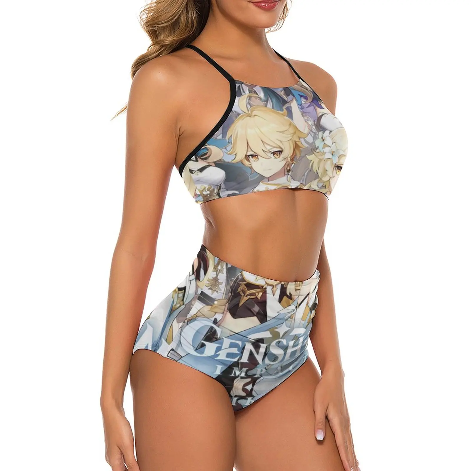 Efekt Genshin strój kąpielowy Bikini słodkie Anime stroje kąpielowe z wysokim stanem kobiety Sexy Kawaii zestaw Bikini Push Up Design kobiece Bikini