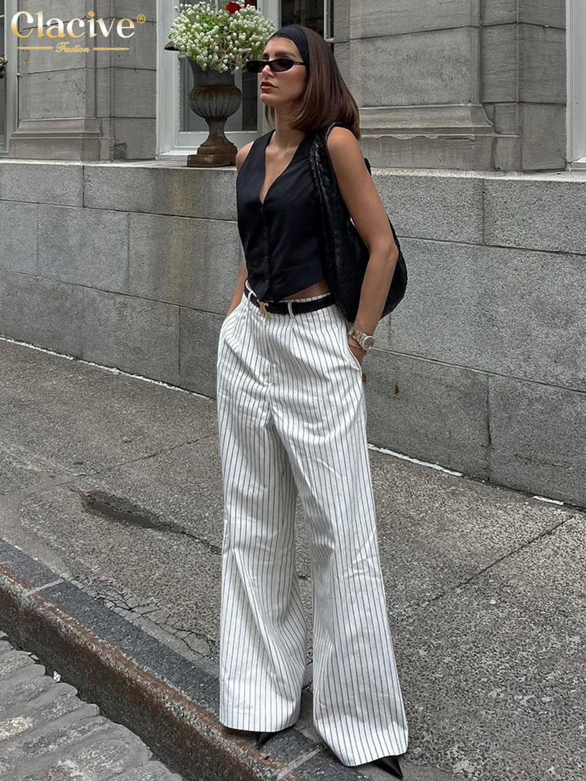 Clacive Fashion Loose Stripe Print Women'S Pants Elegant High Waist Full Length Pants Casual Classic Full Length Trousers Female