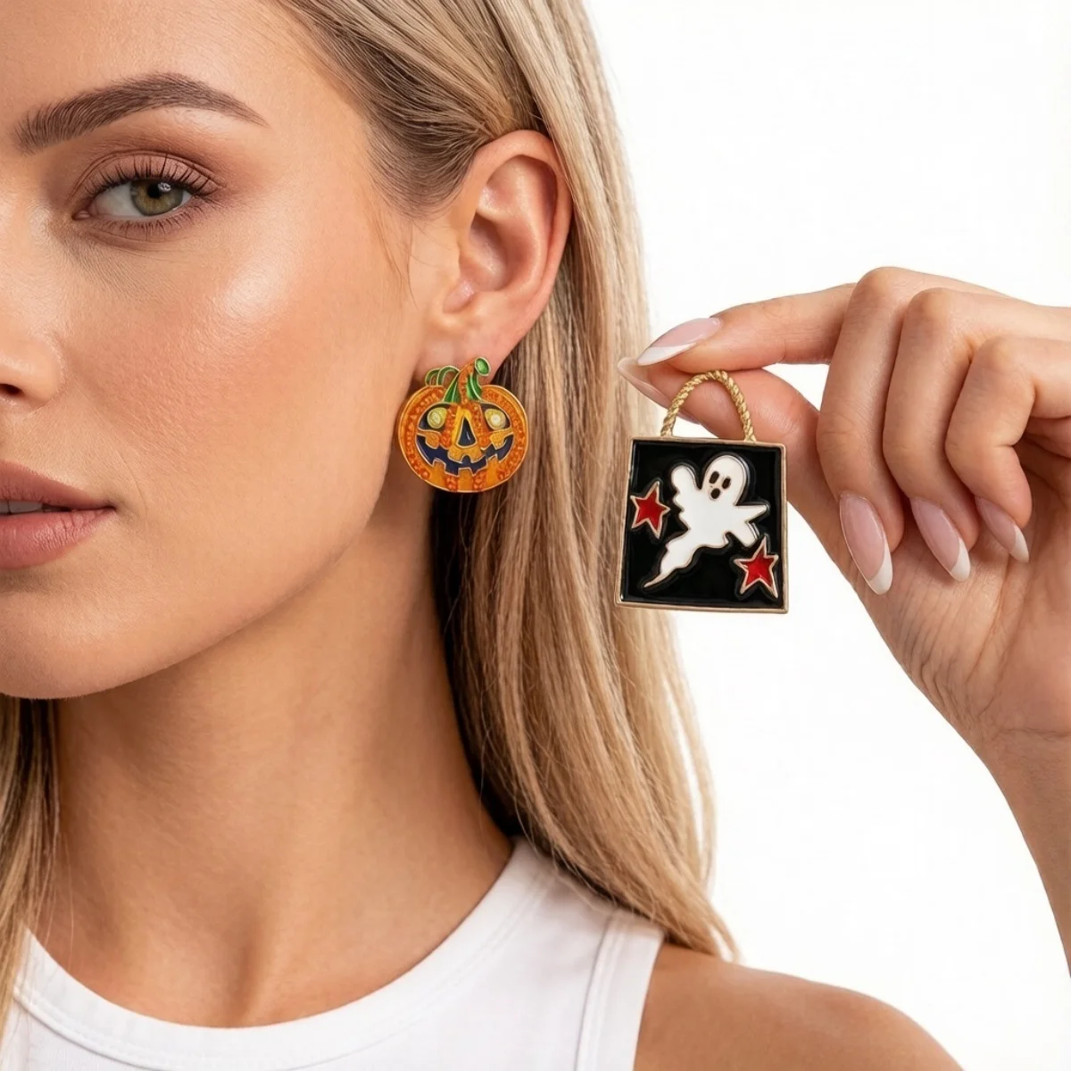 Halloween-Ohrringe mit Strass, Kürbis, Stern, Geist, asymmetrische Ohrstecker für Damen und Herren, Gothic-Mode, Kürbis-Ohrringe, Cosplay-Schmuck – Detail 7