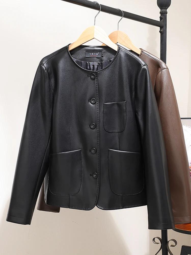 2025年新作 スレハイフェン オートラウンドネック レザージャケット レディース 本革 カジュアル ショートコート トレンド 通勤 防風