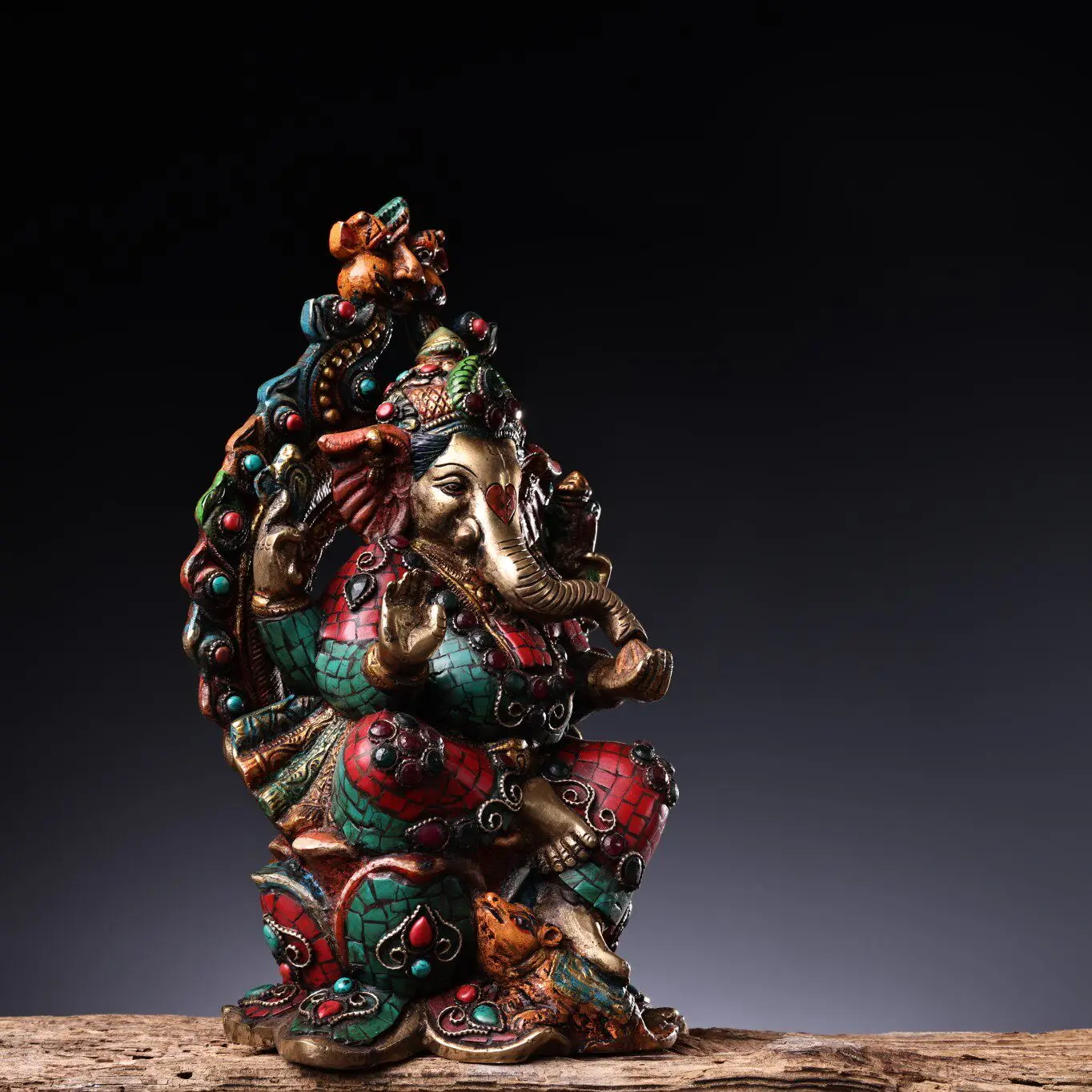 Vintage Chinese Copper Gemstone Inlaid Gold Painted Ganesha Statue Heavy Patina Fine Craft