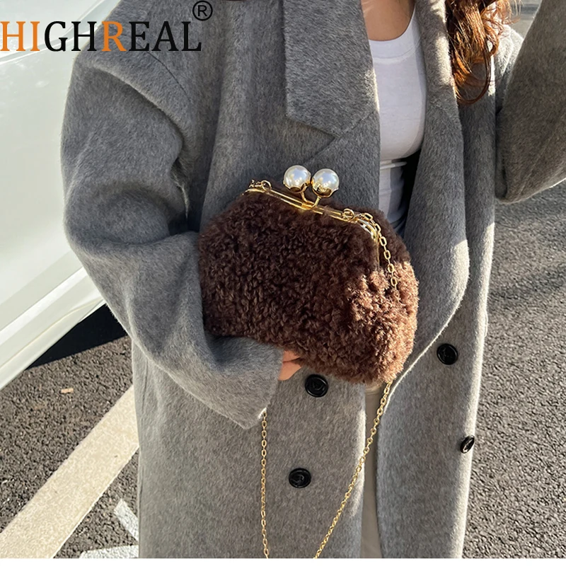 

Plush Frame Bags For Women Winter New Pearl Furry Crossbody Shoulder Bags Solid Fur Luxury Handbag Soft Fluffy Bags Korean