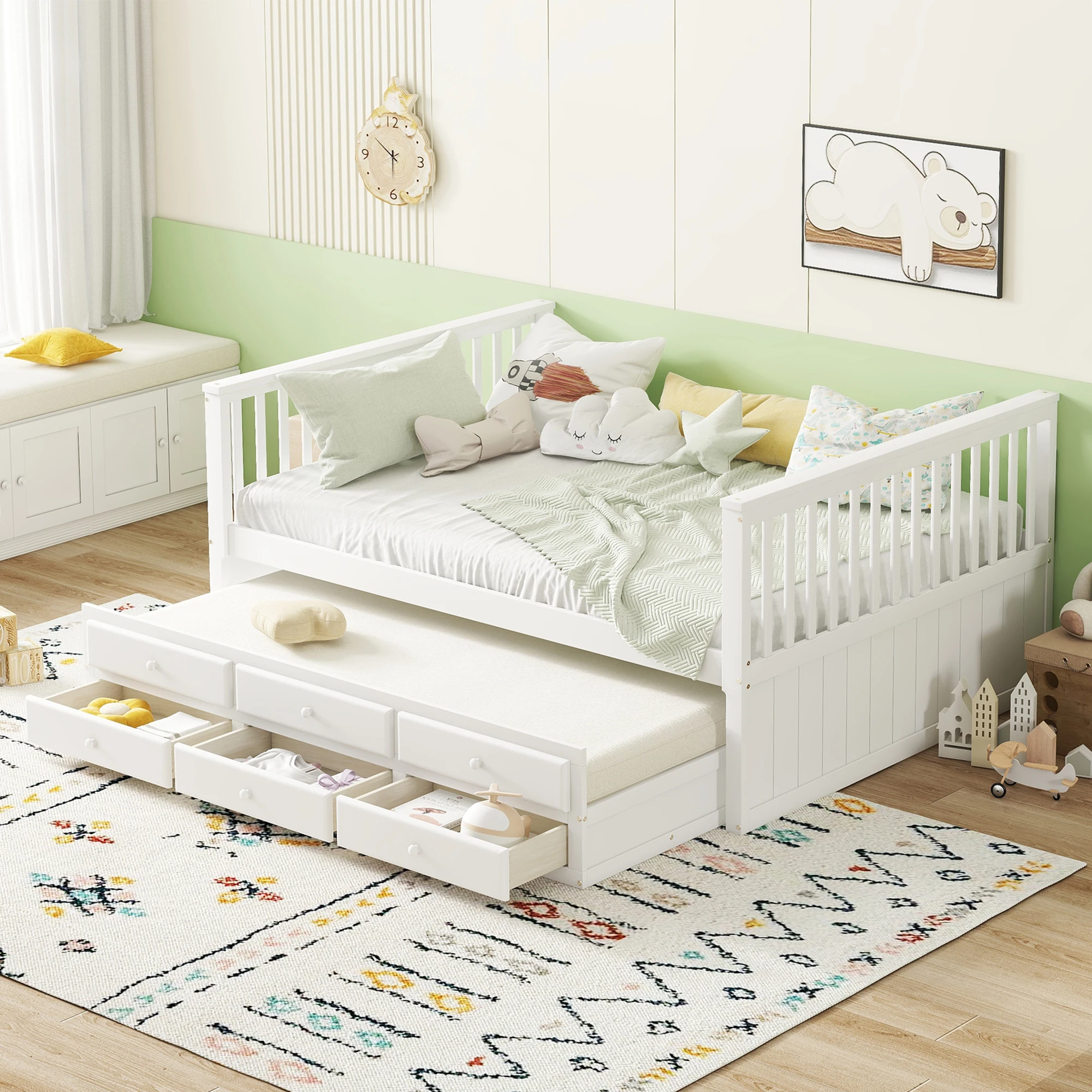 Single bed 140x200 cm (90x190 cm), Children's bed, Single bed with pull-out bed, Single bed with three drawers, White