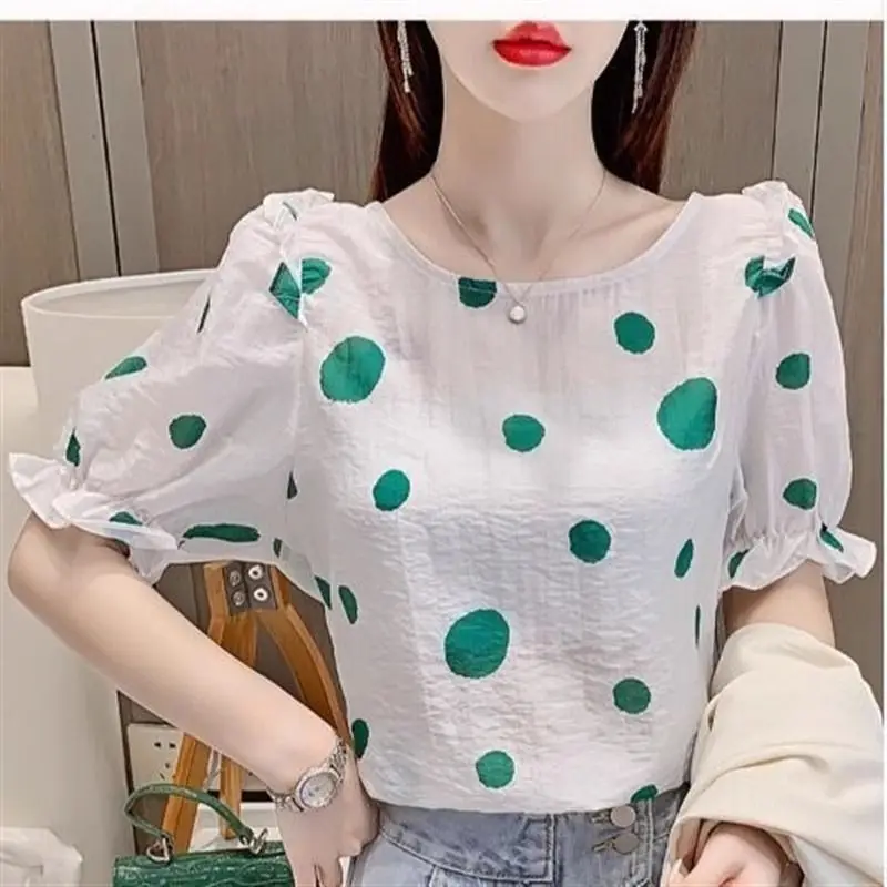 

2024 Summer Women's Casual Fashion Elegant Commuting Round Neck Loose Printed Backless Tie up Bubble Sleeves Chiffon Shirt