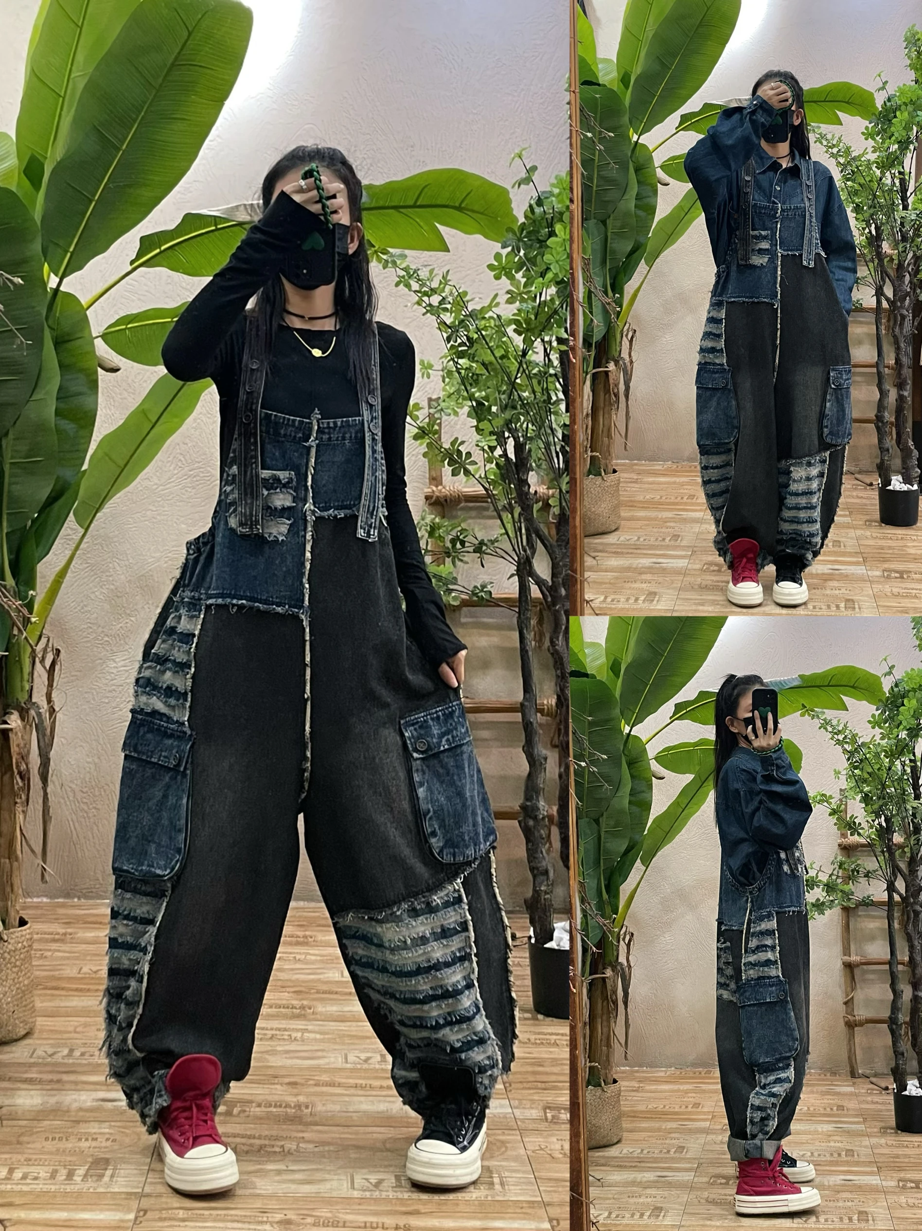 

Retro Spliced Denim Overalls Women's Loose Slimming Personalized Frayed Strap Long Pants Casual Sle Worn Resistant