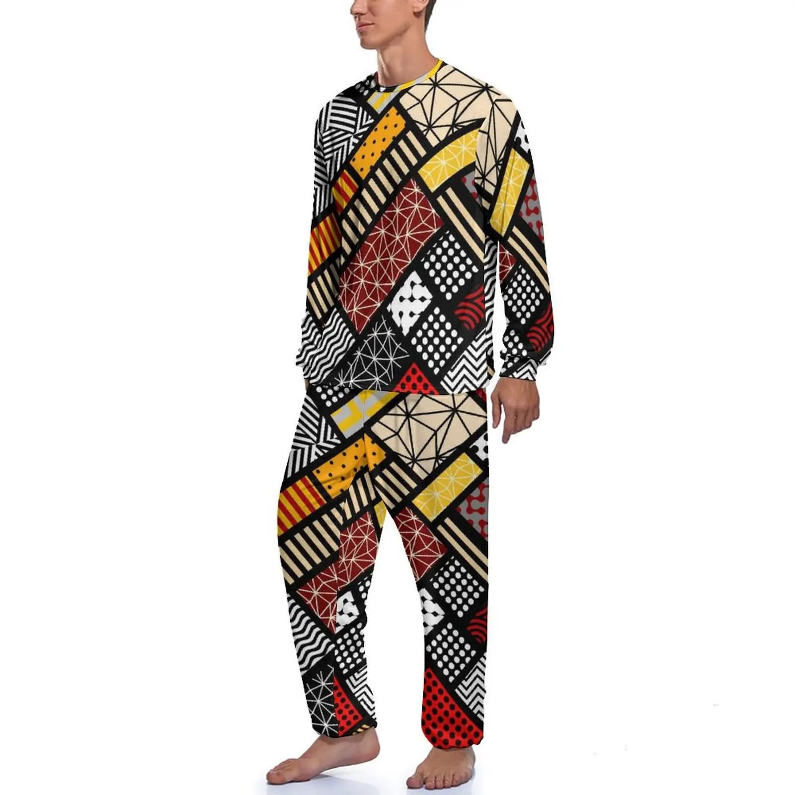 Vintage Tribal Pajamas Male Abstract Square Fashion Home Suit Winter Long Sleeve Two Piece Casual Graphic Pajama Sets