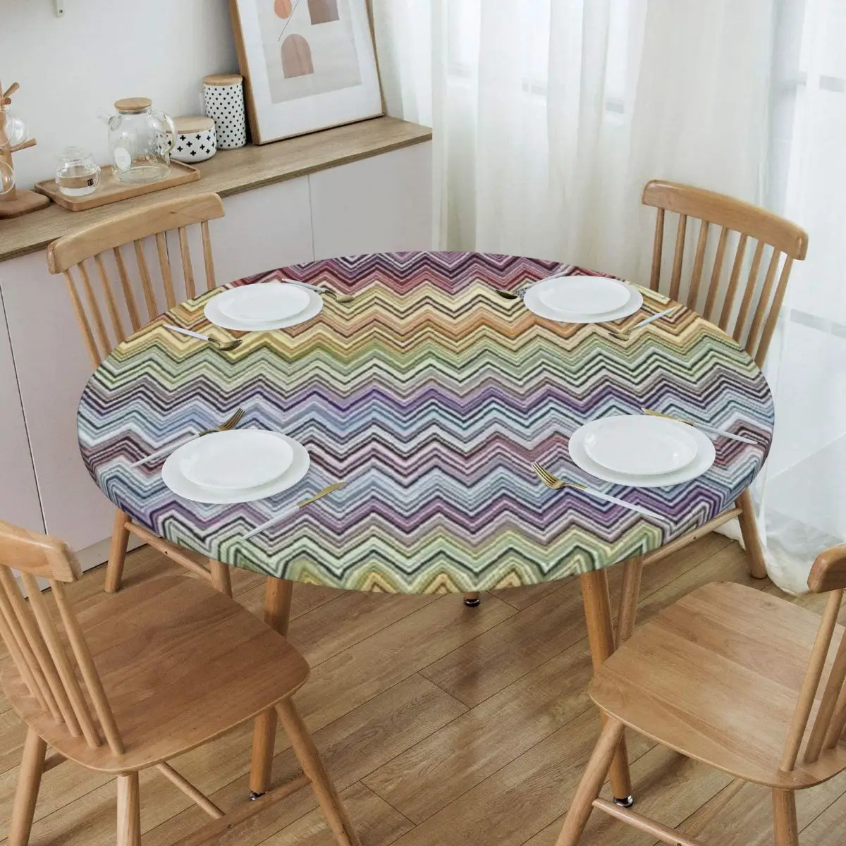 

Round Round Table Cloth Tablecloth Fit 45"-50" Elastic Edge Table Cloth Geometric Multicolor Table Covers