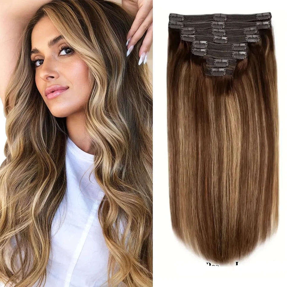 Ombre 4/27 Straight Clip In Hair Extensions 16-26 Inch Brazilian Highlight Full Head Clip In Human Hair Extensions 120G/8pcs