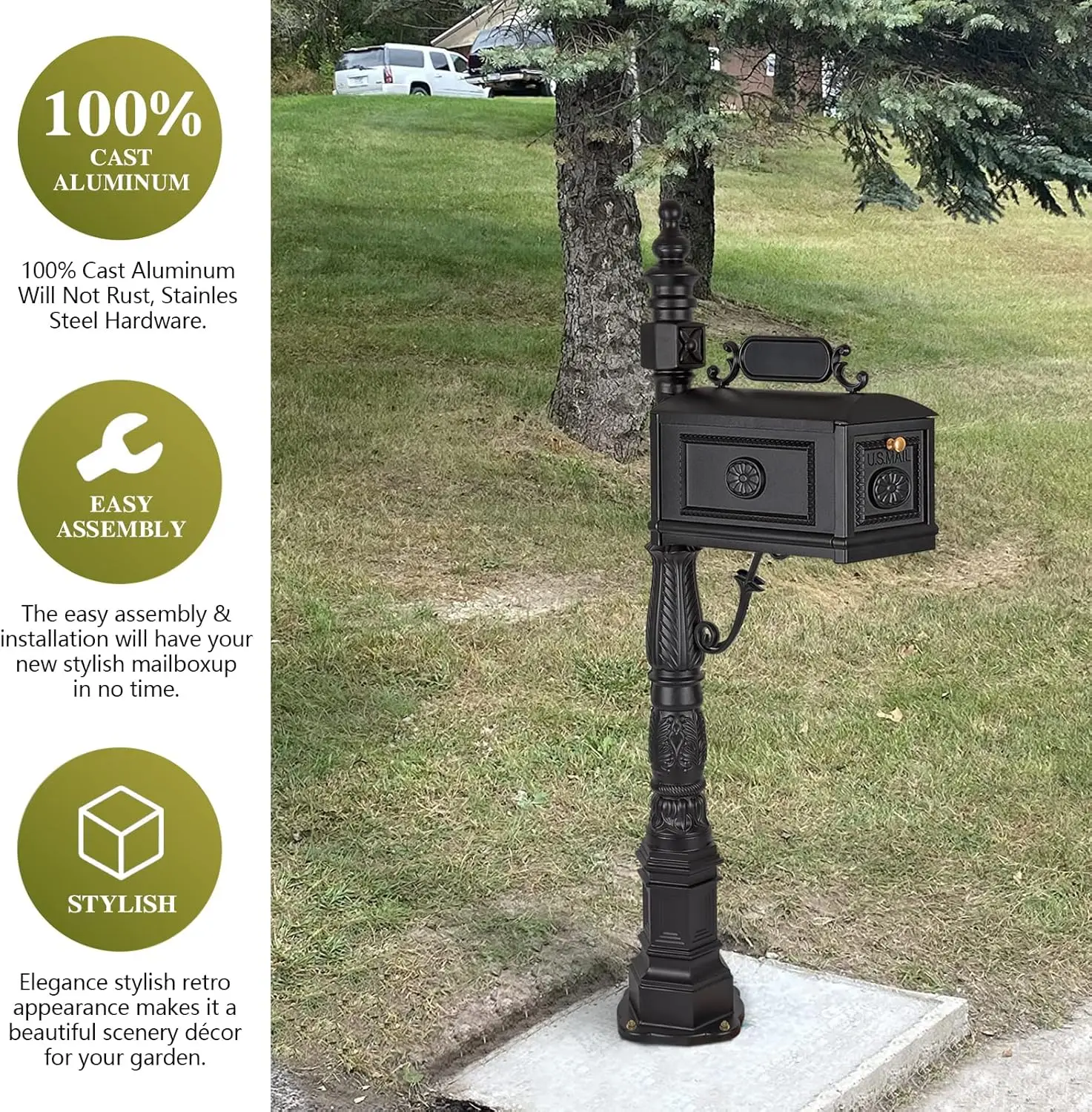 Polar Aurora Barcelona Decorative Post Mailbox Combination Stratford Heavy Duty Postal Mail Box Cast Aluminum (Black)