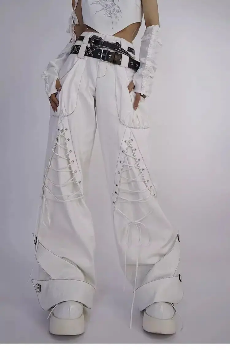 Harajuku Artist Solid White Cargo Pants Women Punk Rock Gothic Girls Big Pockets Lace-up Wide Leg Low Waist Trousers Pant Capris