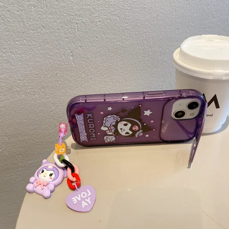 Kawaii Kuromi Kawaii składane etui na telefon Iphone 11 12 13 14 15 Pro Max PLUS z lalek wisiorki ozdoby lusterko do makijażu