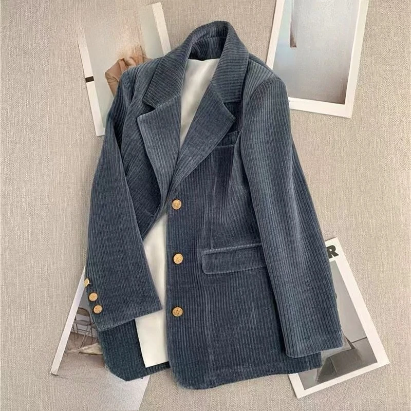 Corduroy Autumn Winter Jackets For Women Solid Korean Fashion Retro Blazers Mujer Vintage Versatile Chquetas