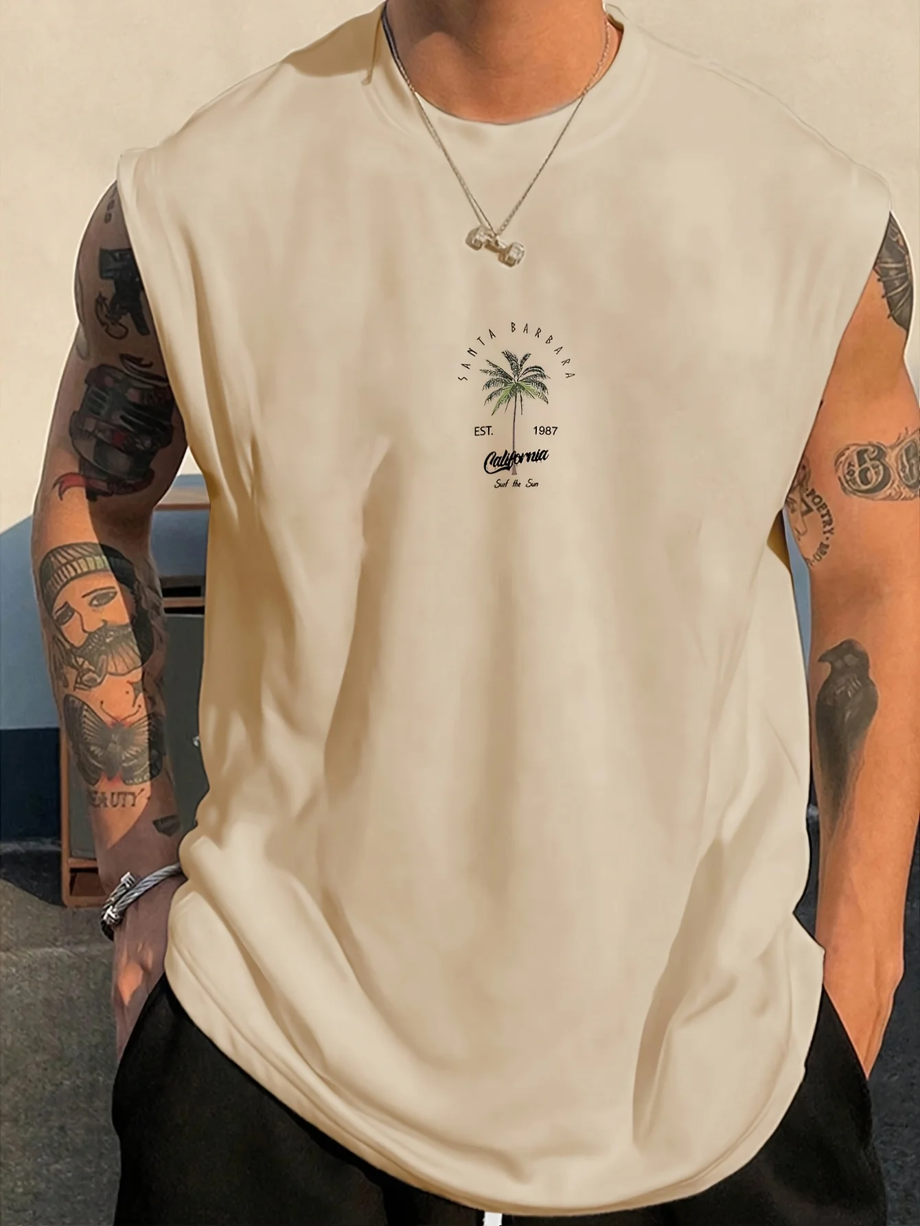 100% Pure Cotton Summer Men's Fashionable Casual Loose American Trend Tropical Palm Tree Pattern Printed Sleeveless Vest