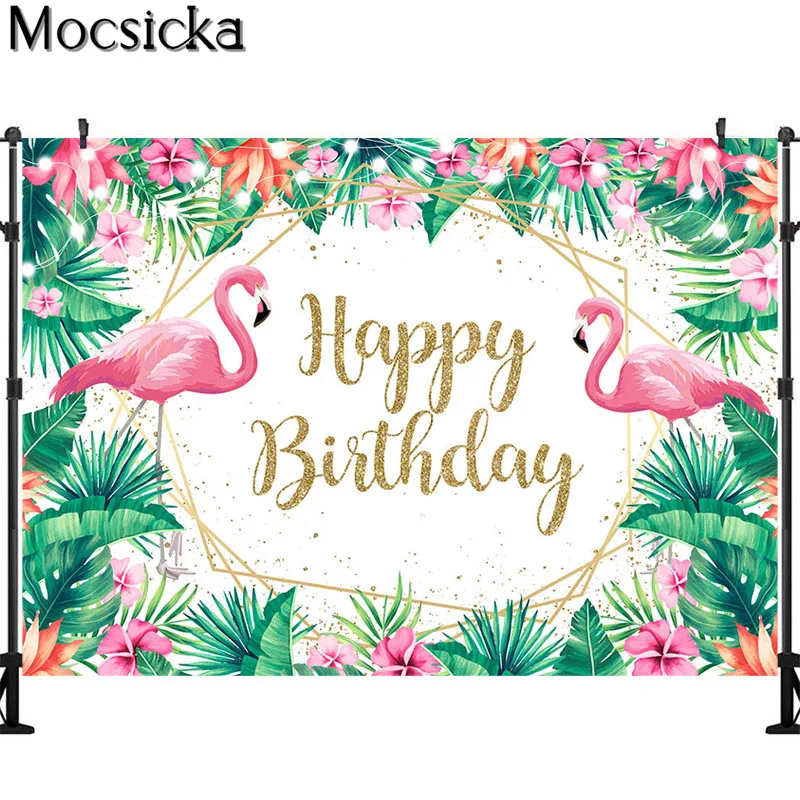 Różowe flamingi dziewczyna 1 urodziny fotografia tła tropikalna zieleń liść kwiat fotografia tło ananas rekwizyty fotograficzne