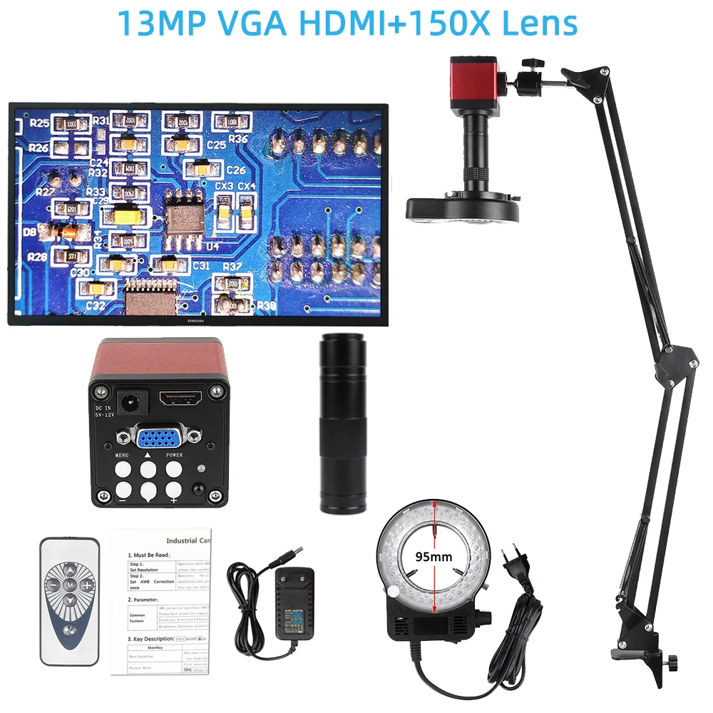 

1080P 13MP HDMI VGA Folding Bracket Industrial Video Microscope Camera 1X-150X Zoom C Mount Lens Remote Control For PCB Solderin