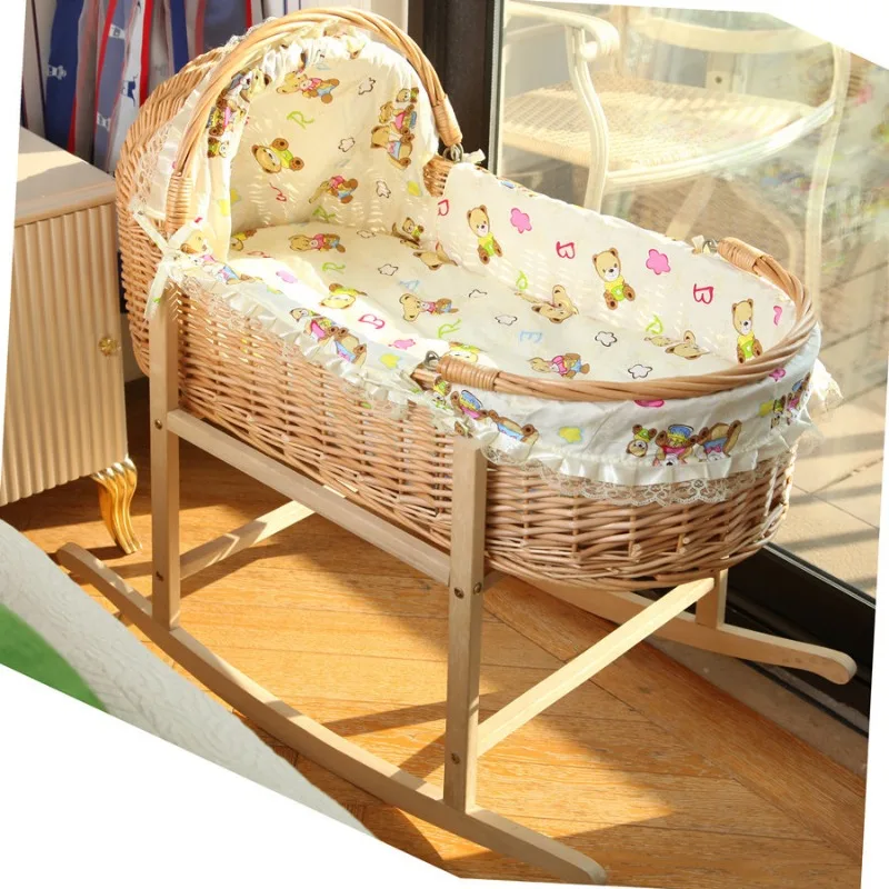 for Handwoven Beige Crochet Baby Cradle Bassinet Portable Moses Basket Newborn Lounger with Wooden Stand Soft Mattress