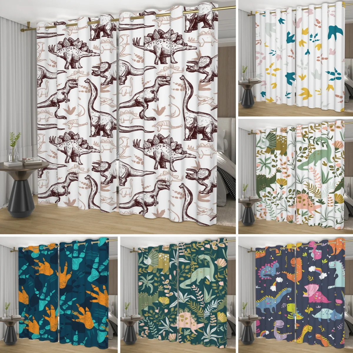2pcs/set Jurassic Cartoon Dinosaur Window Childrens Print Jungle Design Fun Boys Bedroom Room Home Decorations Blackout Curtains