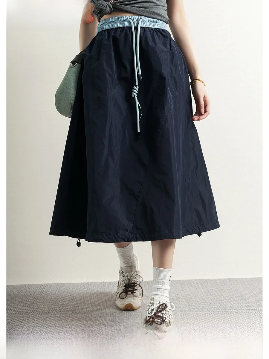 

Trendy Floral Patchwork Loose Mid-Length A-Line Skirt Women's Summer 2025 New Sle High Waist Elastic Waist Deep Blue Skirt