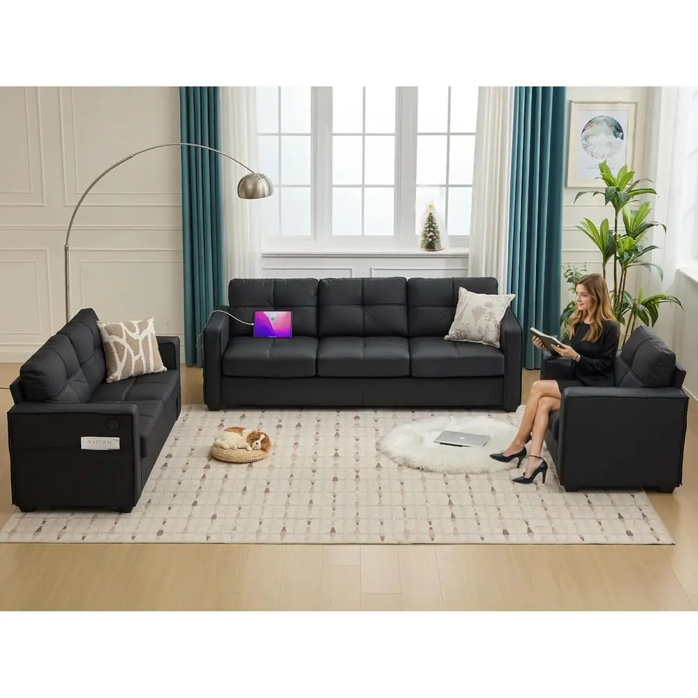 

3-Piece Leather Sectional Sofa Set, Comfortable Living Room Furniture, Convertible Sofas for Home Office